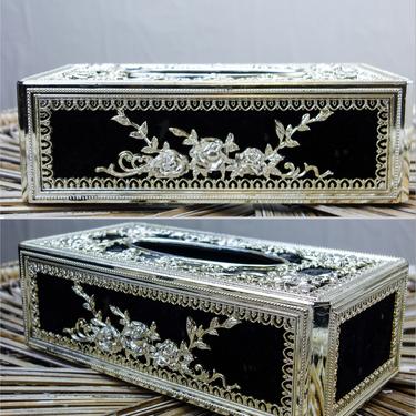 Black and silver tissue box cover for goth home decor, vintage dark decor with elegant roses and faux Victorian or Hollywood Regency style 