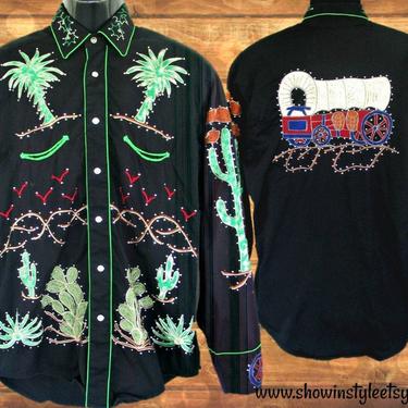 Rockmount Vintage Retro Western Men's Cowboy &amp; Rodeo Shirt, Embroidered Chainstitched Western Designs, Approx. Medium (see meas. photo) 