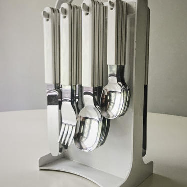 Post modern Cutlery Set Heller Vignelli Manner Vintage White Stainless Steel Mid Century Italian Spaceage 