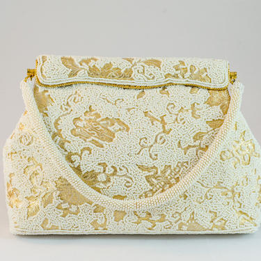 1960s Vintage Purse - Incredible gold brocade purse with white patterned beading 
