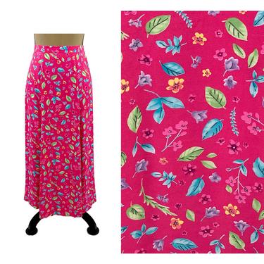 80s Pink Floral Maxi Skirt Medium, Elastic Waist Flowy Long, Cottagecore Spring Summer, 1980s Clothes Women, Vintage Clothing Southern Lady 
