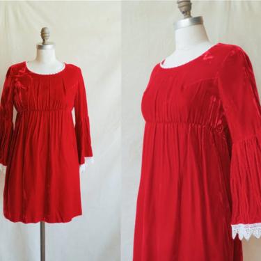 Vintage 60s Red Velvet Bell Sleeve Mini Dress/ 1960s Micro Mini Holiday Dress/ Heart Lace Trim/ Size Small Medium 