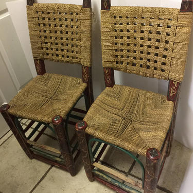 Pair of vintage hand painted rush wooden chairs 