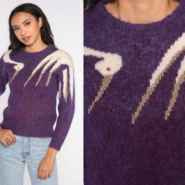 Mohair Bird Sweater 80s Sweater Vintage Crane Animal Sweater Purple Angora Blend Novelty Knit Pullover Boho 1980s Novelty Extra Small xs 