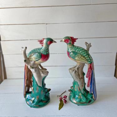 Vintage Pair of Porcelain Phoenix Colorful Statues // Bird Figurines For Mantle, Chinese Inspired Bird Statues // Perfect Gift 