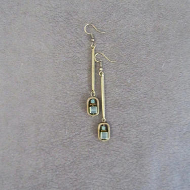 Teal hematite and brass, mid century modern earrings, Brutalist earrings, minimalist statement earrings, geometric unique, long bold 