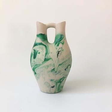 Vintage Large Nemadji Pottery Wedding Vase / Green Swirls 