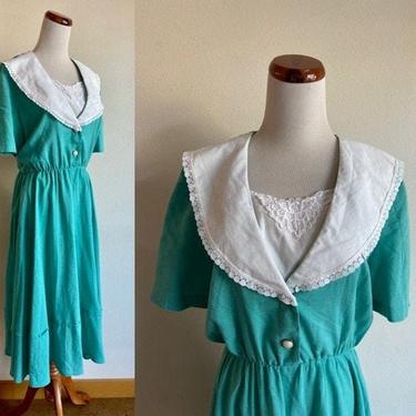 Vintage 80s Dress, Teal Blue Green Dress, Elastic Waist Dress, Shawl Collar Dress, Short Sleeve Dress, Large 
