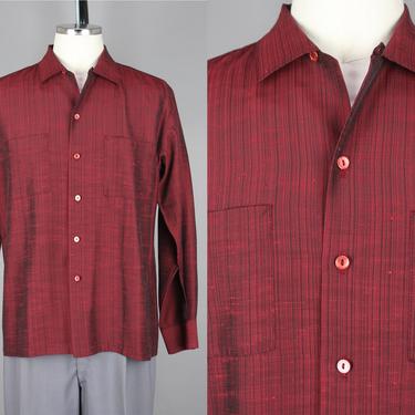 1950s Red & Black Silk Shirt | Vintage 50s 'Mr Jack' Sharkskin Shirt | Large 