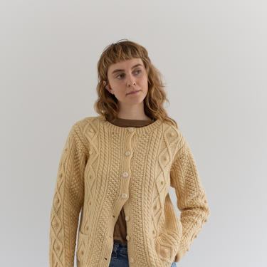 Vintage Cream Cableknit Cardigan Sweater | Fisherman Jumper | M | 