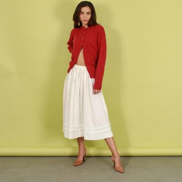 70s Off White Linen High Waisted Skirt Vintage Flared Midi Circle Skirt 