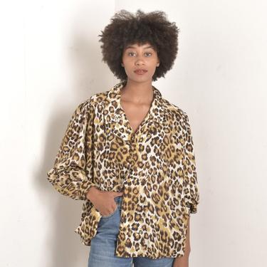 Vintage Blouse / 80s Leopard Print Button Up Shirt / Brown White ( S M L ) 