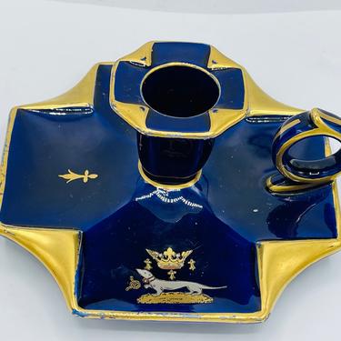 Vintage Cobalt Blue Gold taper Candle holder Featuring dog and Crown 5&quot; X 2&quot; 