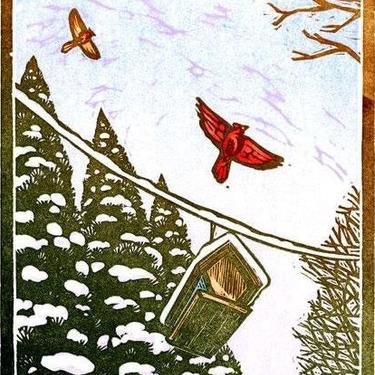 Winter Cardinals Art | Bird Feeder Art | 11x17 Giclee | Cabin Artwork | Bird Print Up North | Birdfeeder Artwork | Red Green White Snow Tree 