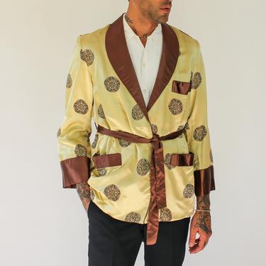 Vintage 50s Mens Gold and Caramel Brown Asian Brocade Silk Shawl Lapel Smoking Jacket | Souvenir Jacket | 1950s Gentleman Silk Jacket 