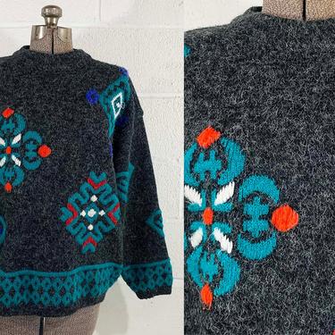 Vintage Gray Pullover Sweater David Brett Oversized Crew Neck Heart Diamond Teal Long Sleeve Grandpa Knit Twin Peaks Boho Large XL Plus XXL 