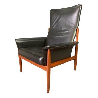 Vintage Danish Mid Century Modern Teak and Leather High Back Lounge Chair by Grete Jalk for France & Daverkosen 