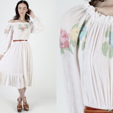 Vintage 80s Hand Painted Dress / Thin Ivory Floral Gauze Dress / On or Off The Shoulder / Flowy Tiered Cotton Midi Mini Dress 