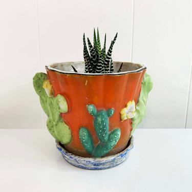 Vintage Cactus Blue Green Orange Planter Trico Attached Saucer Mid-Century Pottery Pot Made in Japan 1950s Hand Painted Desert Cacti Plants 