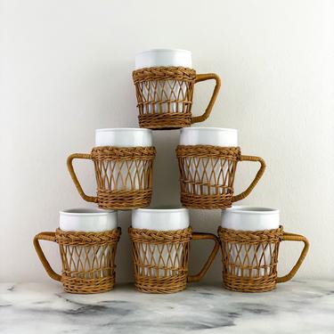 Wicker Cup Holders with Cups, Set of Six White Ceramic Tumblers with Rattan Sleeves, Porcelain Coffee Cups with Wicker Sleeves 