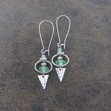 Green sea glass earrings, boho chic earrings, tribal ethnic earrings, bold long silver earrings, unique artisan earrings, bohemian 2 