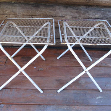 Set of 2 White Metal Garden Tables Mid Century Modern Fold Up Mesh Patio Table White Outdoor Metal Square Table Folding Table 