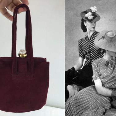 The Docile Duo - Vintage 1940s Burgundy Red Suede Leather Pouch Evening Handbag Purse 