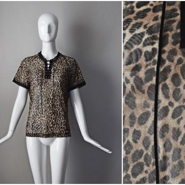 vtg 90s GYZ leopard print mesh short sleeve tie neckline top | Y2K 1990s sheer | size Medium M | animal print shirt 