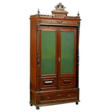 Antique Bookcase, French Provincial Carved Walnut Dark Wood Tones, Circa. 1870's