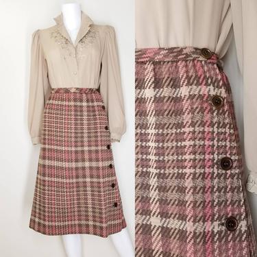 Vintage Plaid Knit Skirt, Medium / Neutral Brown Plaid Skirt / Plaid Button Skirt / Pink Houndstooth Skirt / Retro 70s Midi Office Skirt 