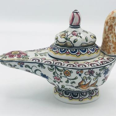 Vintage Authentic hand painted Ceramica  De Coimbra Portugal Hand Painted Pottery Oil Lamp Trinket Bowl- Removable lid 
