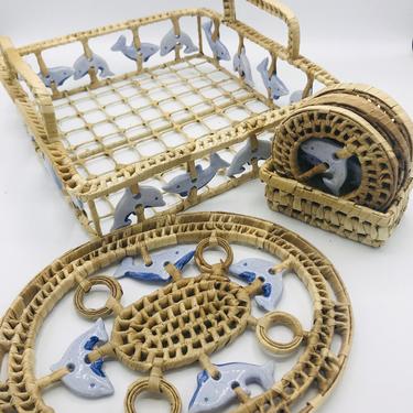 Vintage 7 PC Hand Made woven  Rattan Wicker Coaster and Entertaining Set- Basket and Trivet with Ceramic Dolphins 