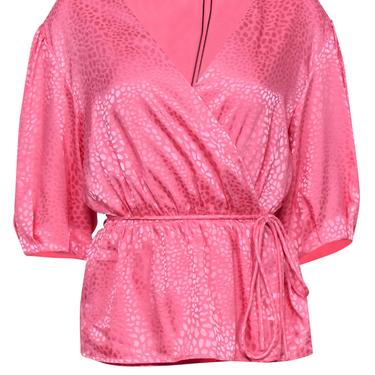 Rebecca Minkoff - Bubblegum Pink Jacquard Puff Sleeve Wrap Blouse Sz L