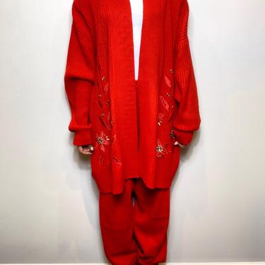 VINTAGE 90s Red Knit Holiday 2 Piece Pant Set One Size 