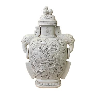 Chinese Ceramic Off White Color Dragon Elephant Ear Large Jar ws1371E 