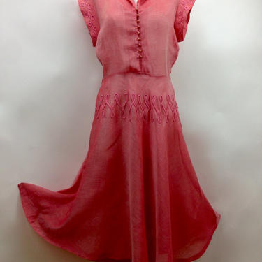 1950's SHEER ORGANDY Dress / Salmon with Decorative Swirl Embroidered Details /  Women's Size Medium 
