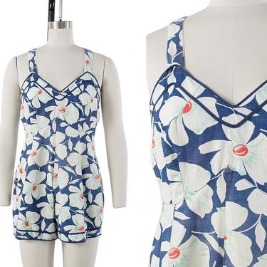 Vintage 1930s Romper | 30s Blue Floral Cotton Playsuit (x-small/small) 