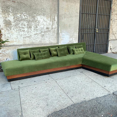 Vintage Adrian Pearsall Boomerang Platform Sofa -Recovered in Olive Green Velvet