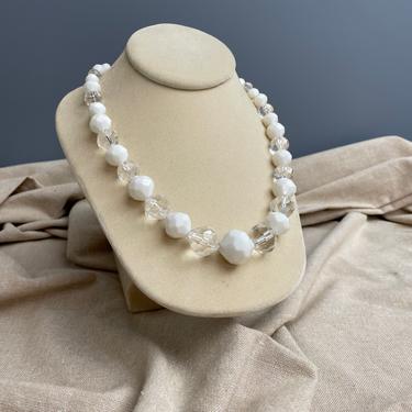 Faceted graduated white and clear plastic beads - 1960s vintage necklace made in Germany 