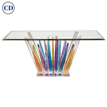 Rock Acrylic Blue Purple Yellow Multicolor Console with Clear Bevelled Glass Top