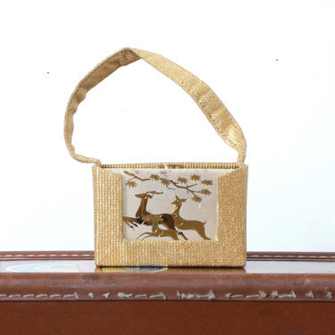 vintage 1940s - early 1950s Elgin American carryall • small top handle purse &amp; compact with MCM deer • silver and gold 
