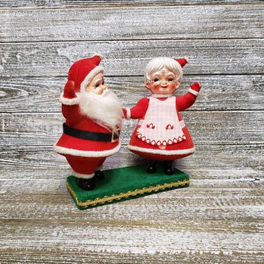 Vintage Mr n Mrs Claus Figurine, Flocked Waving Santa Claus &amp; the Mrs, Christmas Kitsch, Mid Century Christmas, Retro Vintage Christmas 