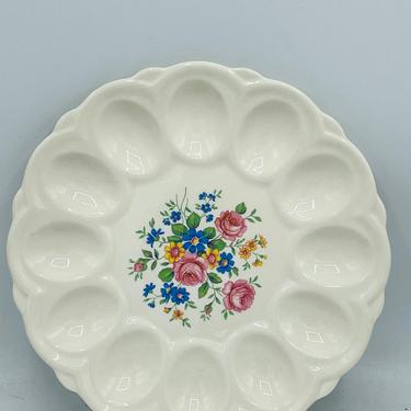Vintage E R American Artware Deviled Egg Plate Ceramic White With Flowers 9 1/2" 
