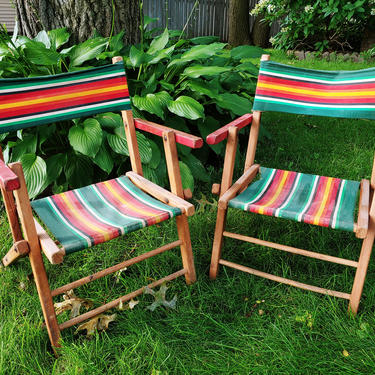 Children's Mid Century Pair of Wood and Fabric Folding Lawn Camping Chairs 