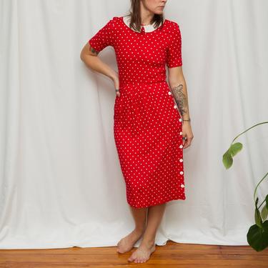 Size XS/S, 1980s Red Rayon Polka Dot Olive Oil Sailor Dress 