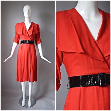 vtg 90s Dawn Joy Fashions red 3/4 sleeve  wrap style flapper dress | retro colorblock colorful 1990s | pinup dress 