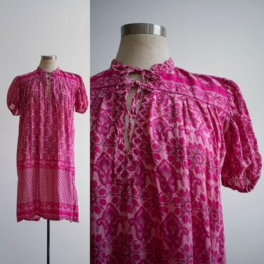 1970s Pink Cotton Indian Dress / Vintage 70s Gauzy Hippie Dress / Boho Indian Dress / Pink Cotton Boho Dress Medium / Cotton Tent Dress 