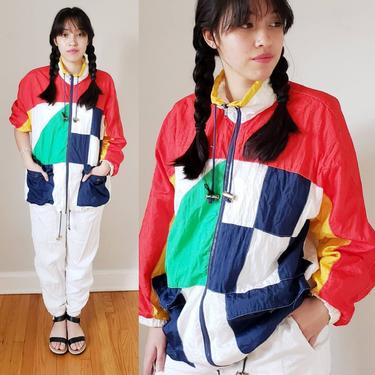 90s 80s Nylon Track Suit Colorblock Nylon / Vintage Zip Up Windbreaker Matching Pants Set Ensemble Chaus Sport Athletic Wear M 