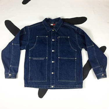90s Tommy Hilfiger Dark Denim XL Jacket / Overall Details / Pockets / Tommy Jeans / 90s Hip Hop / Rare / Deep Pocket / Painters Jacket / 