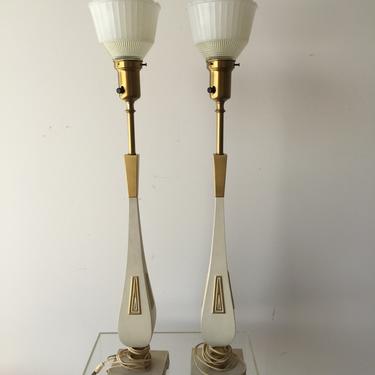 Pair of  Rembrant  Vintage Enamel Over Solid Brass Torchere Lamps.